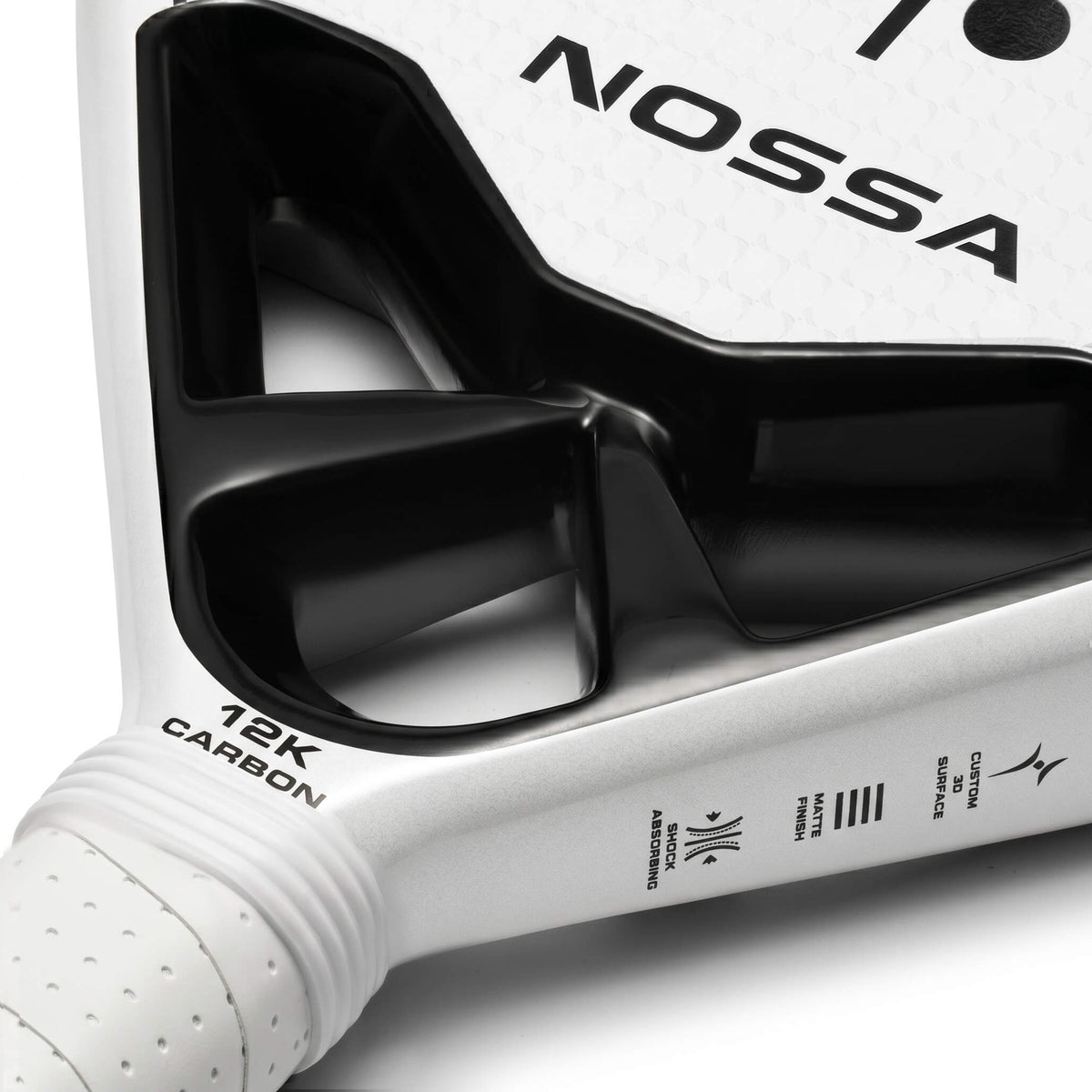 Close-up of the white NOSSA Padel CORE throat showing 12K carbon marking