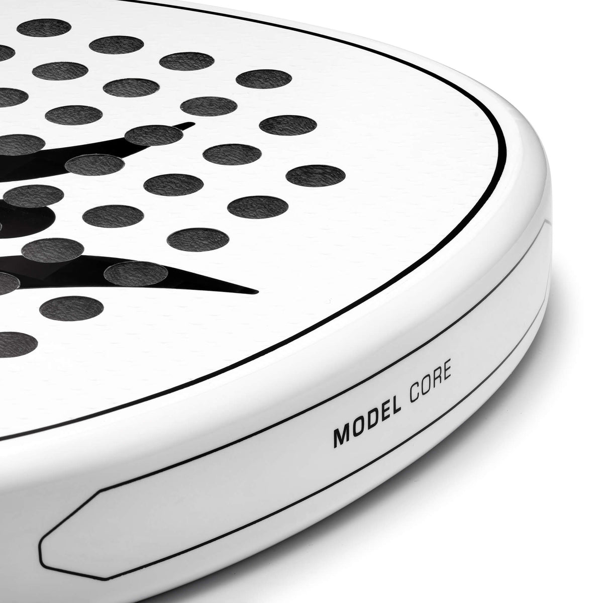 Close-up of the white NOSSA Padel CORE frame edge with Model Core marking