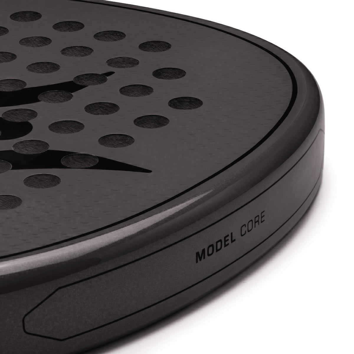 Close-up of the black NOSSA Padel CORE frame edge with Model Core marking