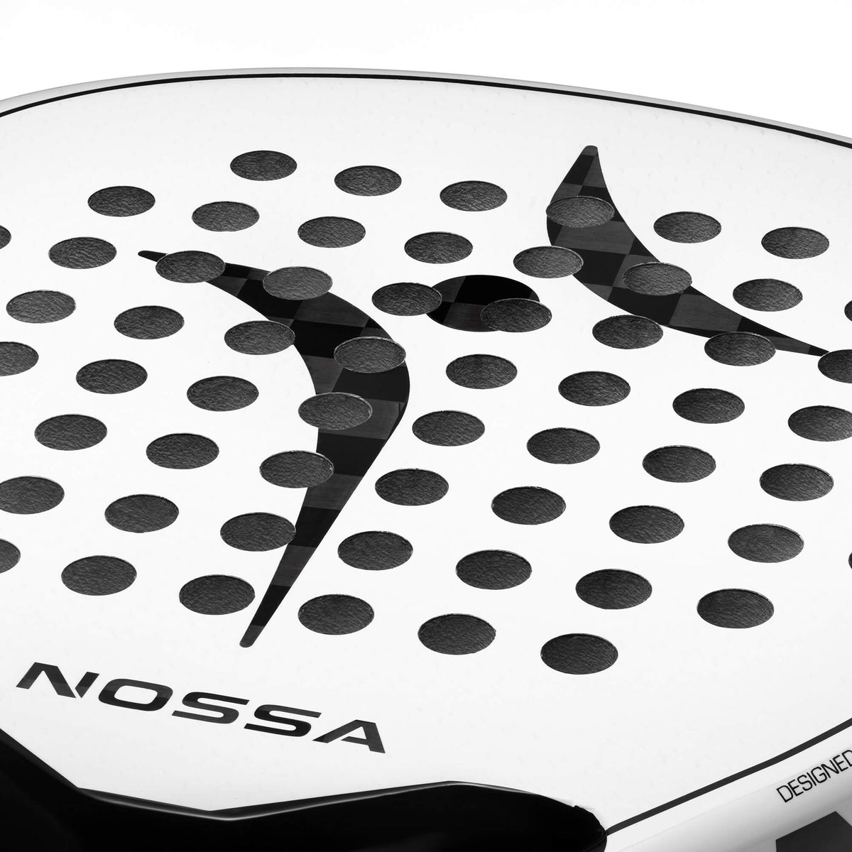 Close-up of the white NOSSA Padel CORE racket face and perforation pattern