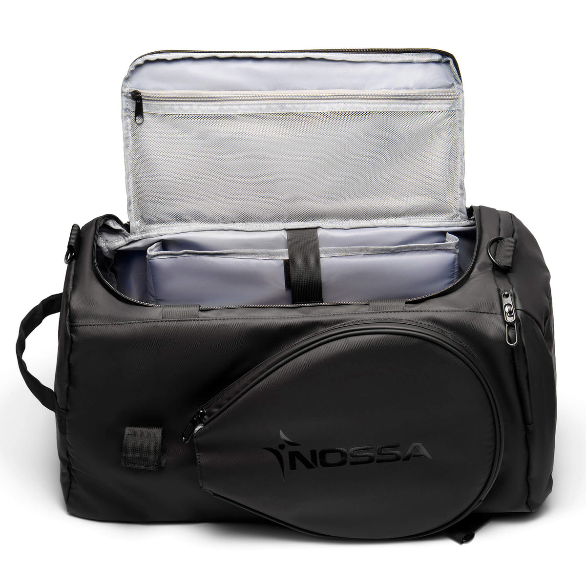 Black NOSSA Padel HYBRID bag with main compartment open