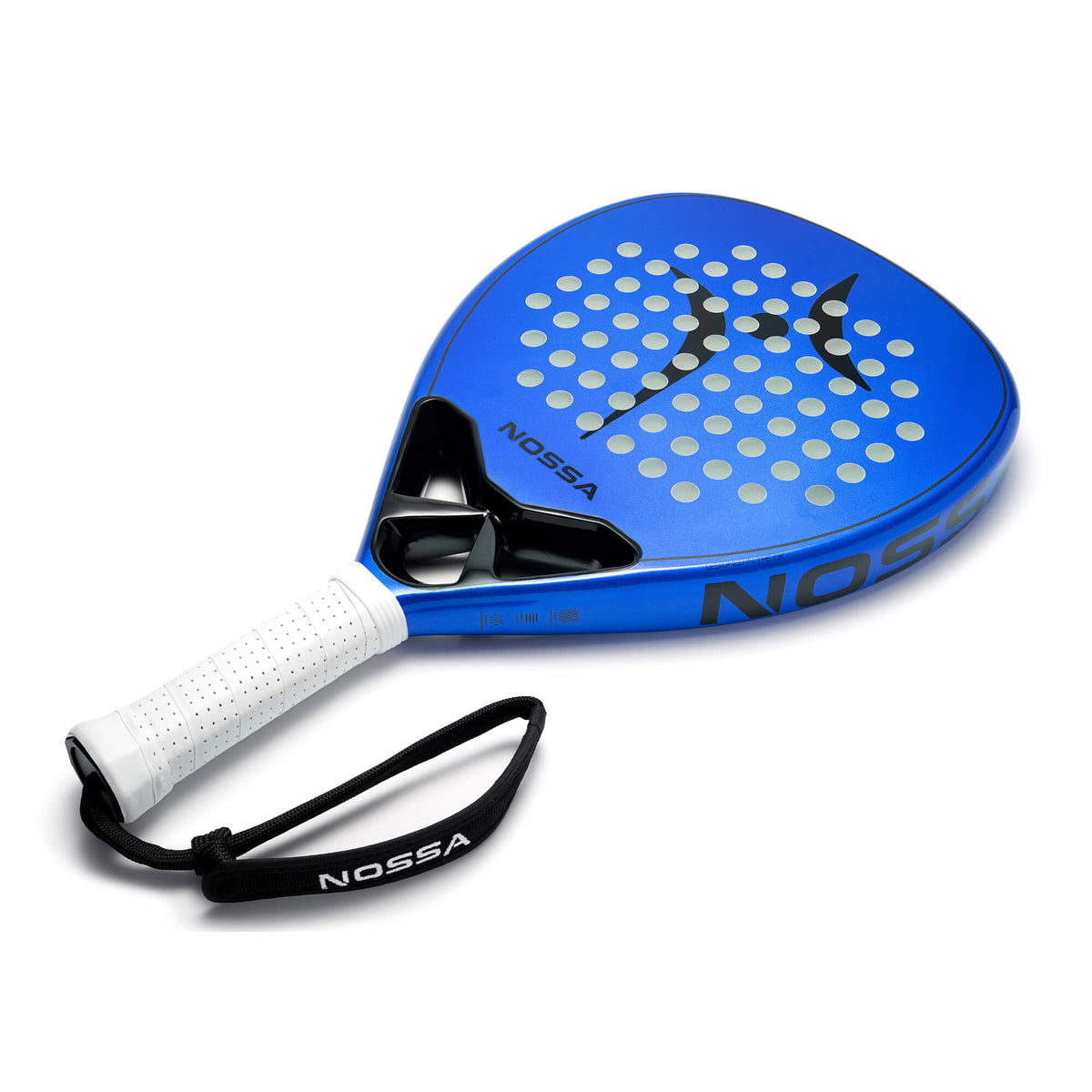 NOSSA Padel BASE teardrop padel racket in blue with white grip and NOSSA wrist strap
