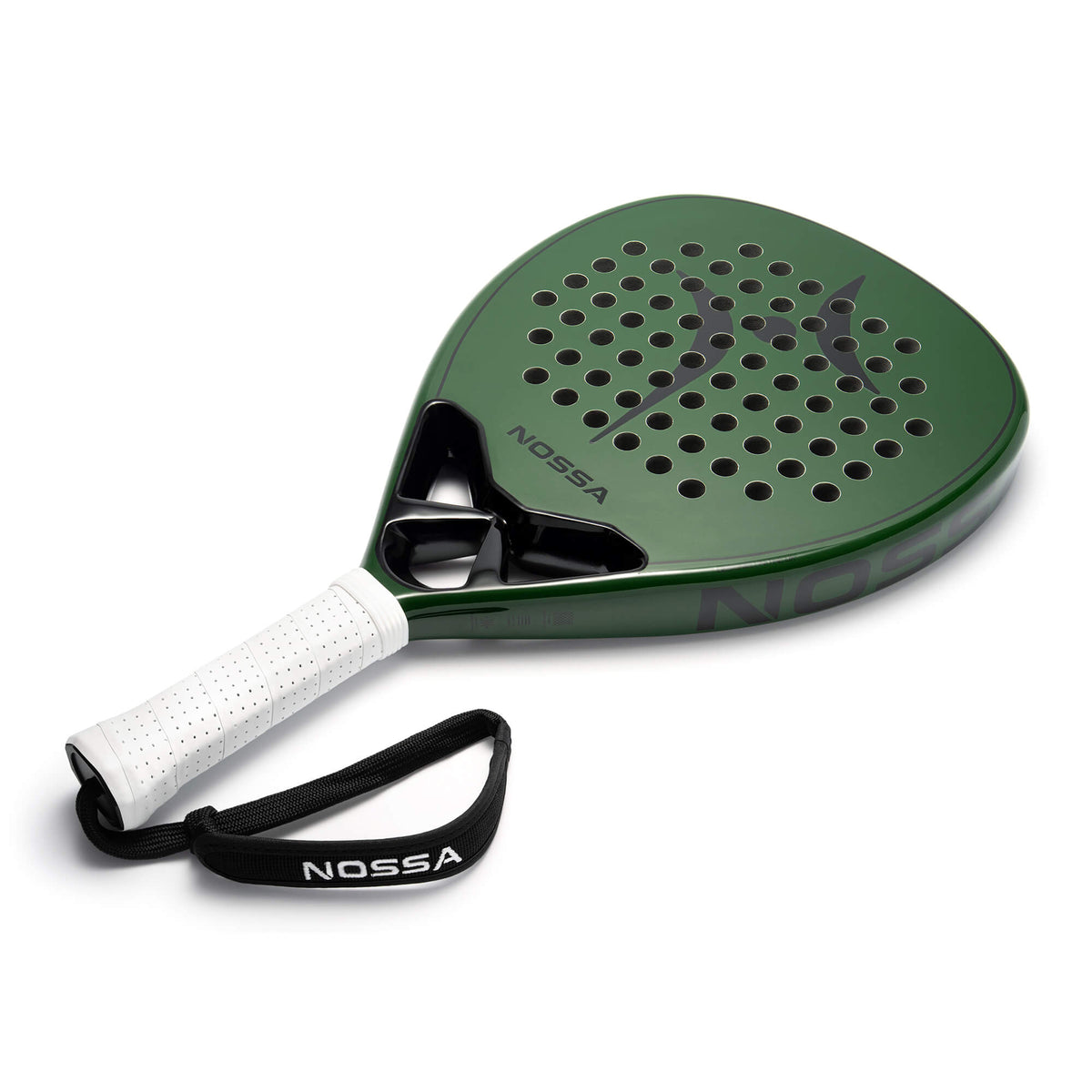 NOSSA Padel BASE teardrop padel racket in green with white grip and NOSSA wrist strap