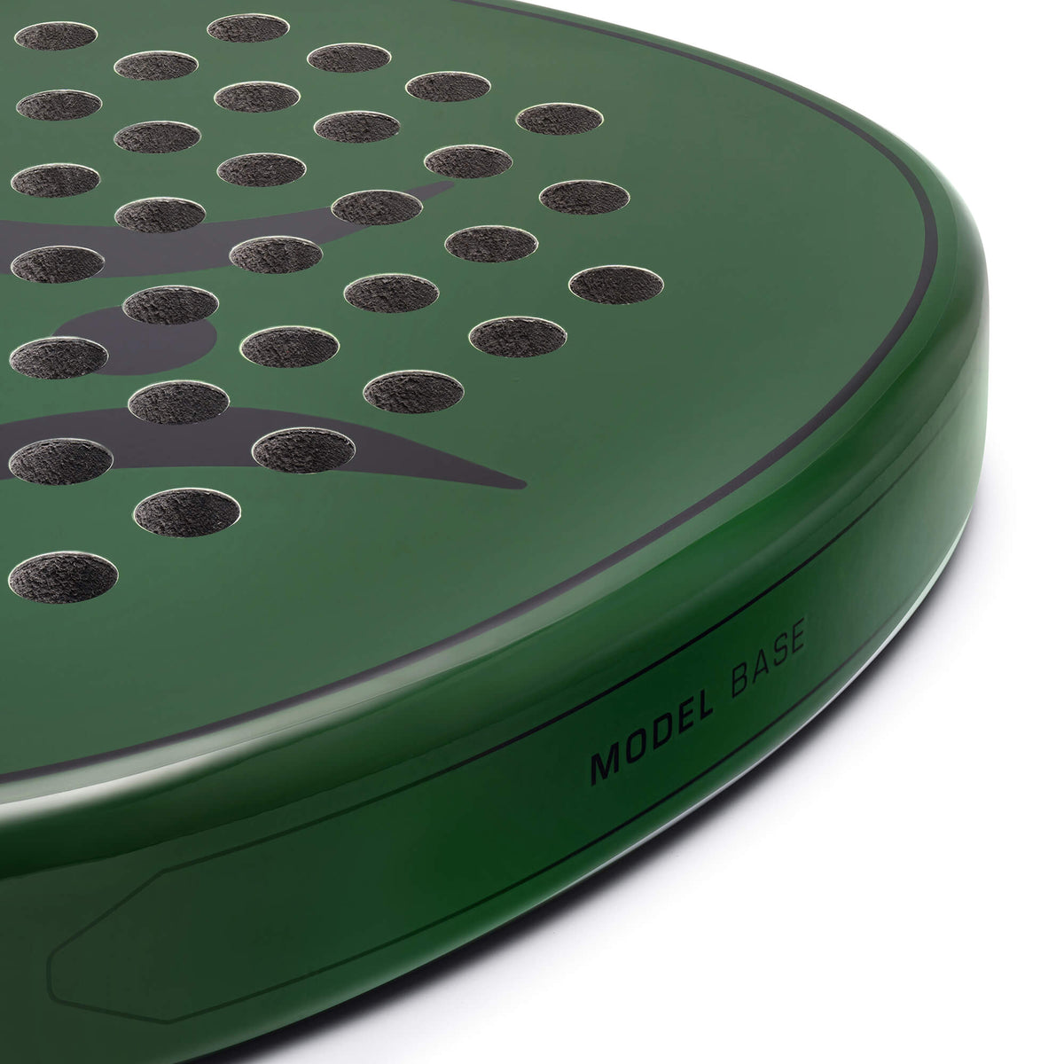 Close-up of the green NOSSA Padel BASE racket face and frame edge