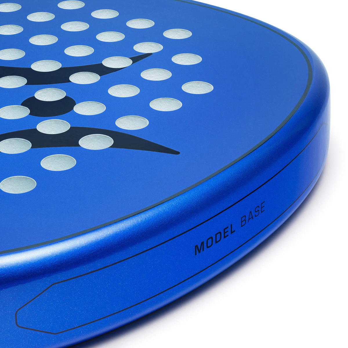 Close-up of the blue NOSSA Padel BASE racket face and frame edge