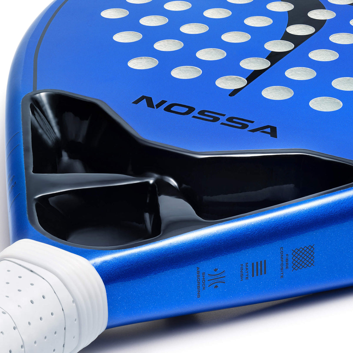 Close-up of the blue NOSSA Padel BASE racket throat and NOSSA logo
