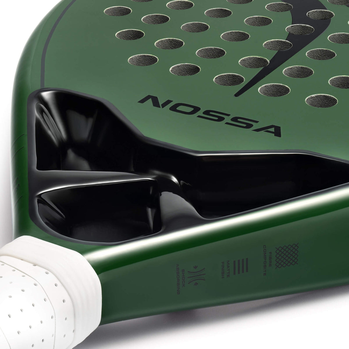Close-up of the green NOSSA Padel BASE racket throat and NOSSA logo