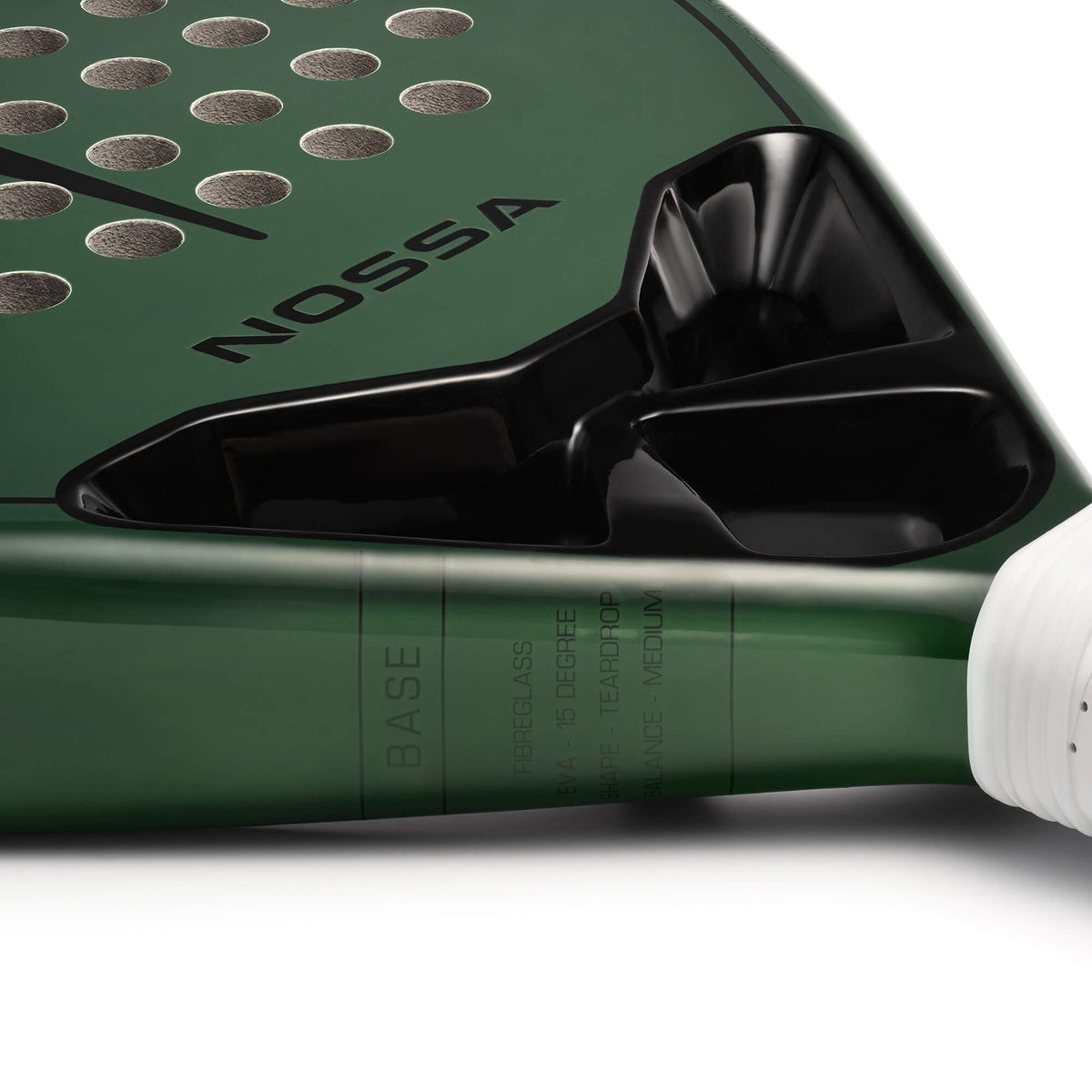 Detail of the green NOSSA Padel BASE racket heart and throat