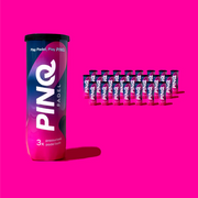 PINQ padel ball tube with a row of 24 tubes on a pink background