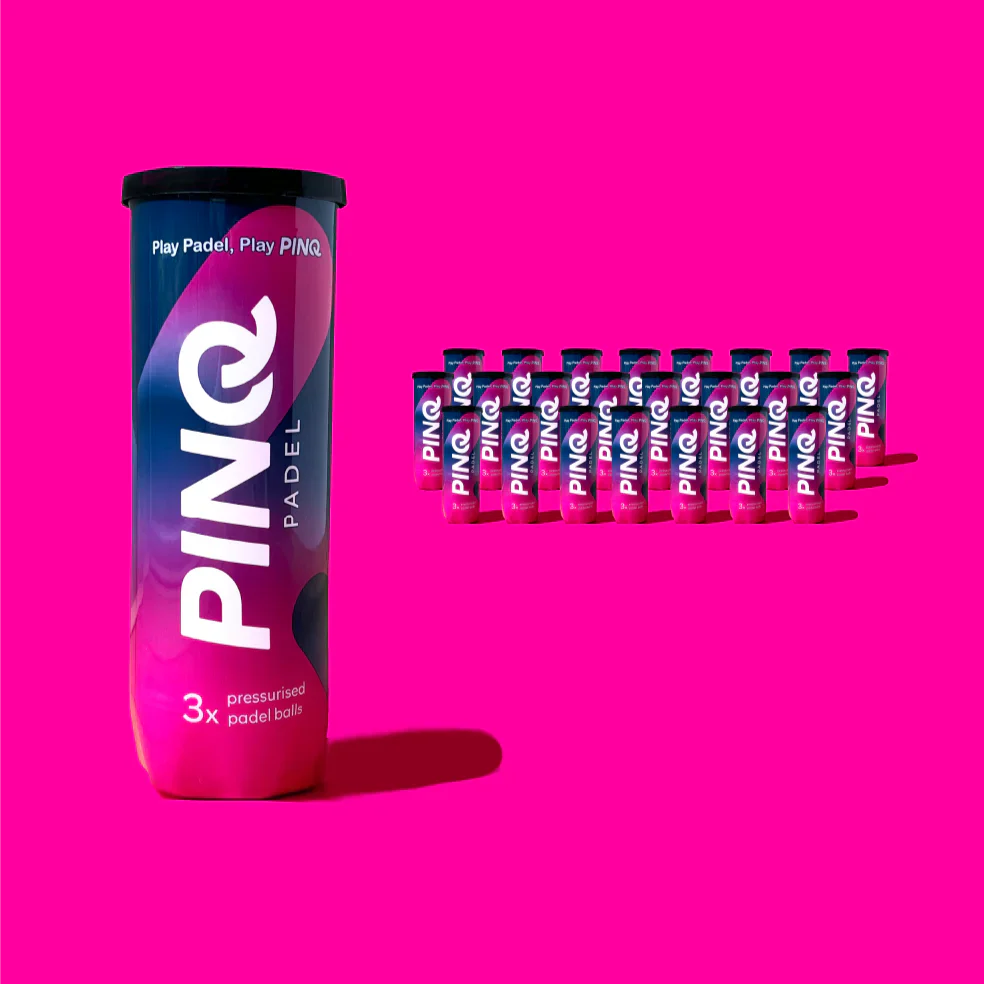 PINQ padel ball tube with a row of 24 tubes on a pink background