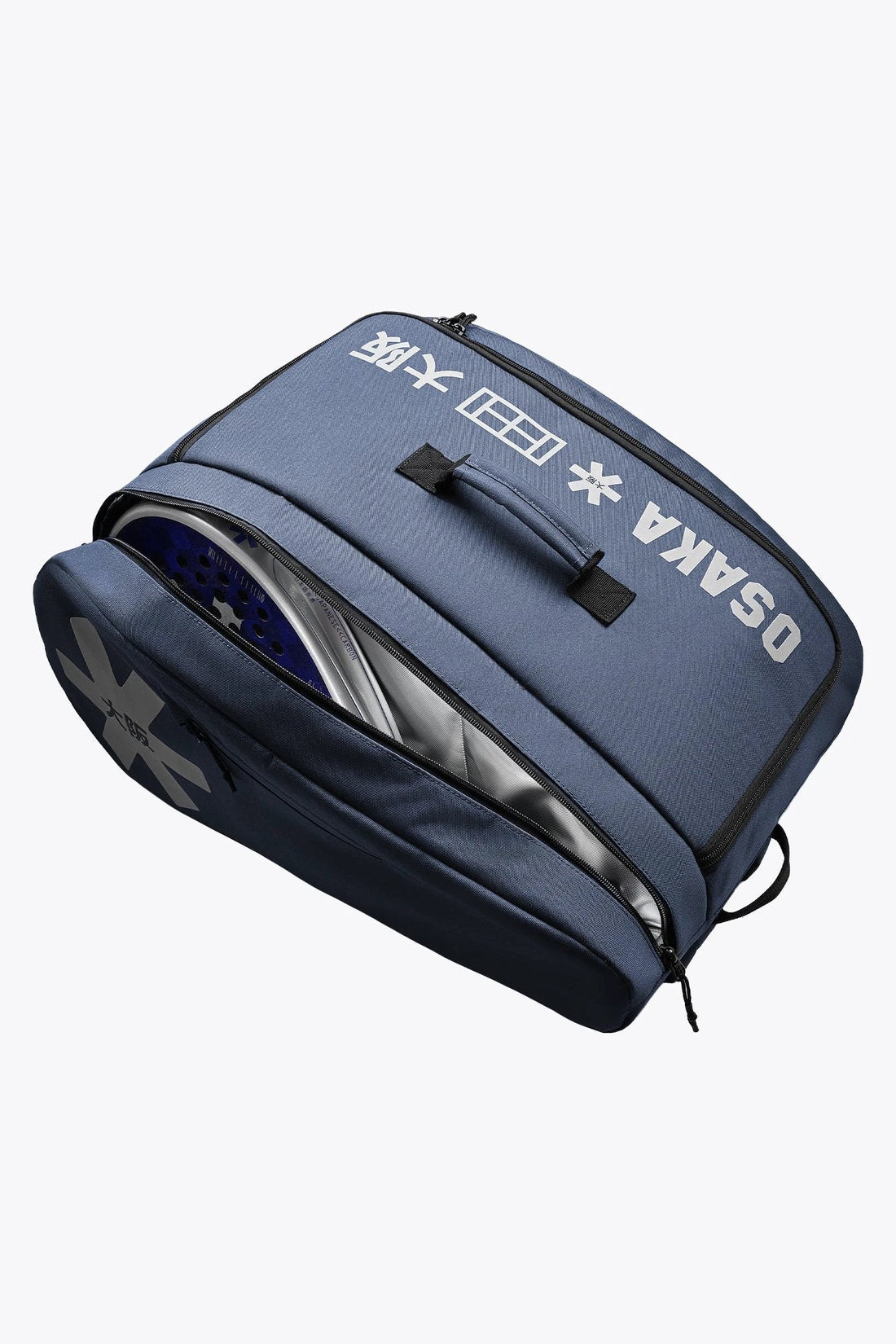 Osaka Sports navy padel bag open showing the main compartment