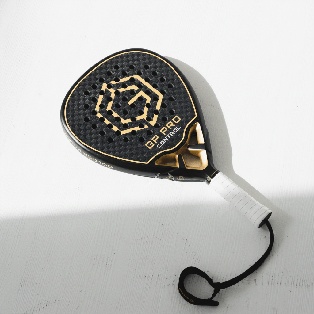 Golden Padel GP Pro Control racket in black and gold with wrist strap, angled view