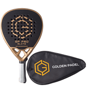 Golden Padel GP Pro Elite carbon fibre racket in black and gold with zip case