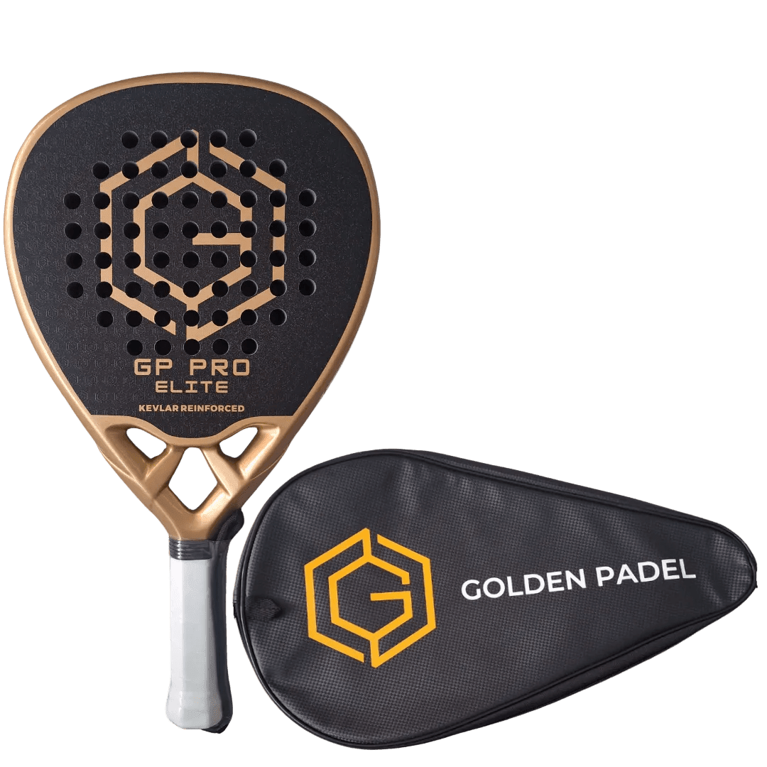 Golden Padel GP Pro Elite carbon fibre racket in black and gold with zip case