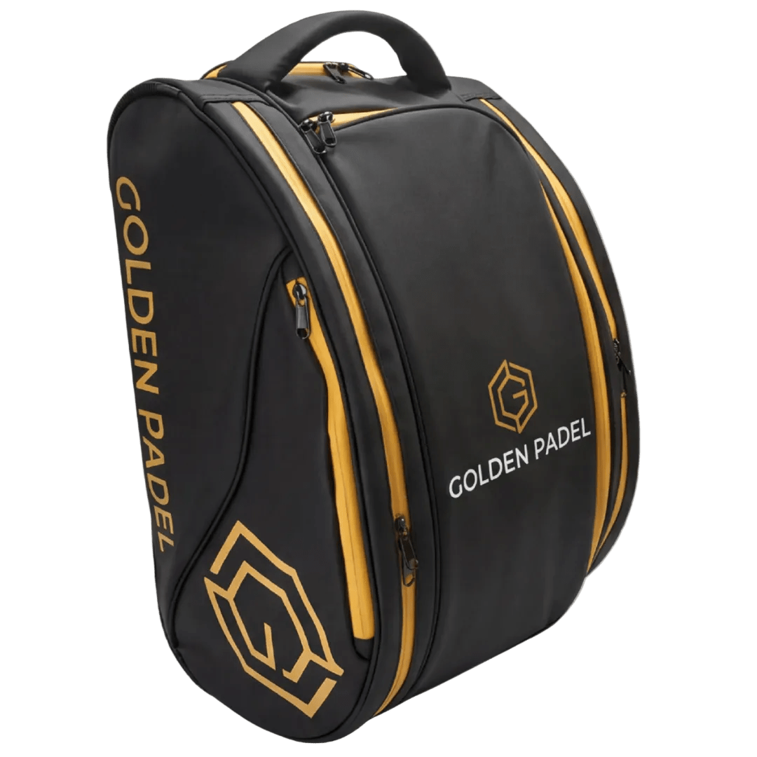 Golden Padel Pro Tour backpack in black with gold trim and hexagon logo
