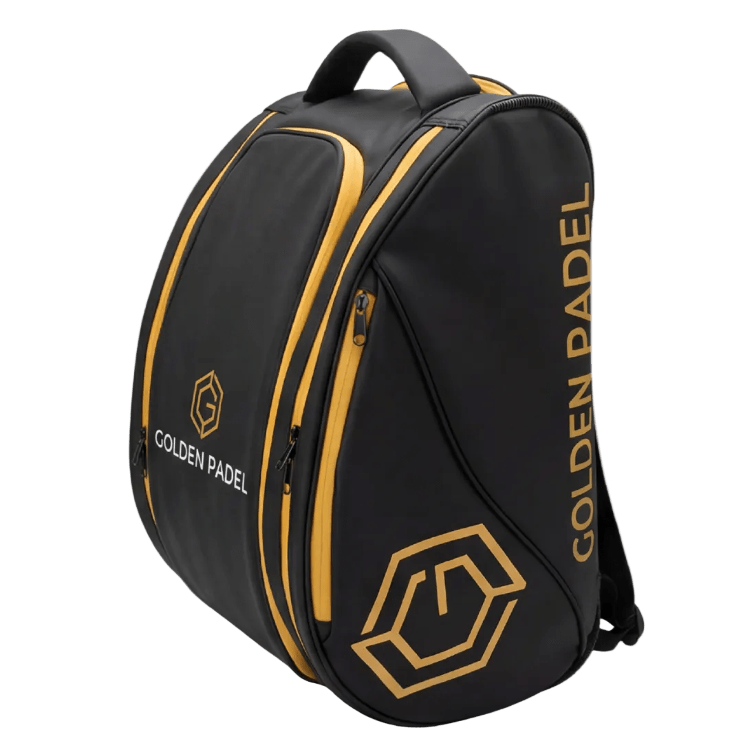 Golden Padel Pro Tour backpack, angled view showing racket compartment