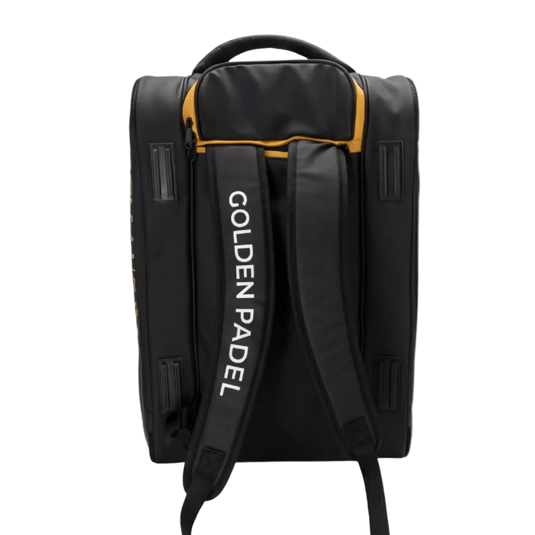Back of the Golden Padel Pro Tour backpack showing padded straps