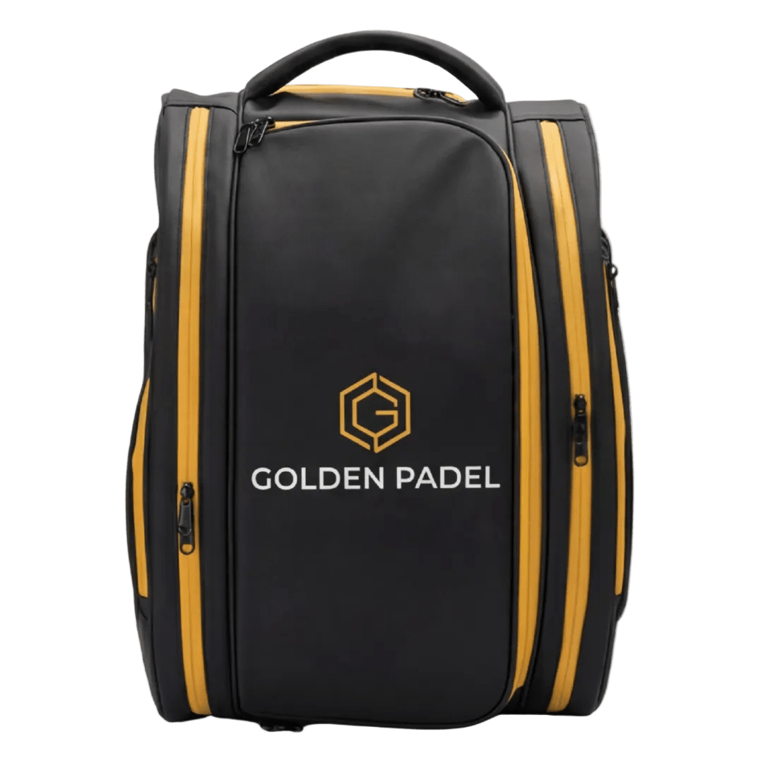 Golden Padel Pro Tour backpack in black and gold, front view with logo