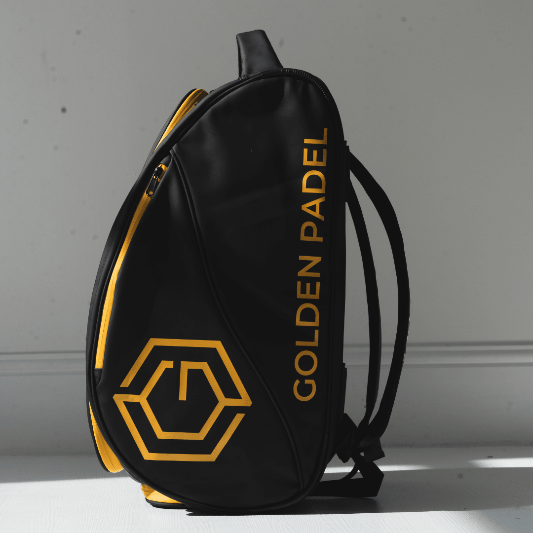 Golden Padel Pro Tour backpack in black and gold, side view