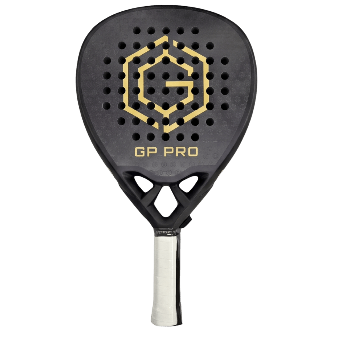 Golden Padel GP Pro carbon fibre padel racket, black with gold hexagon G logo and white grip