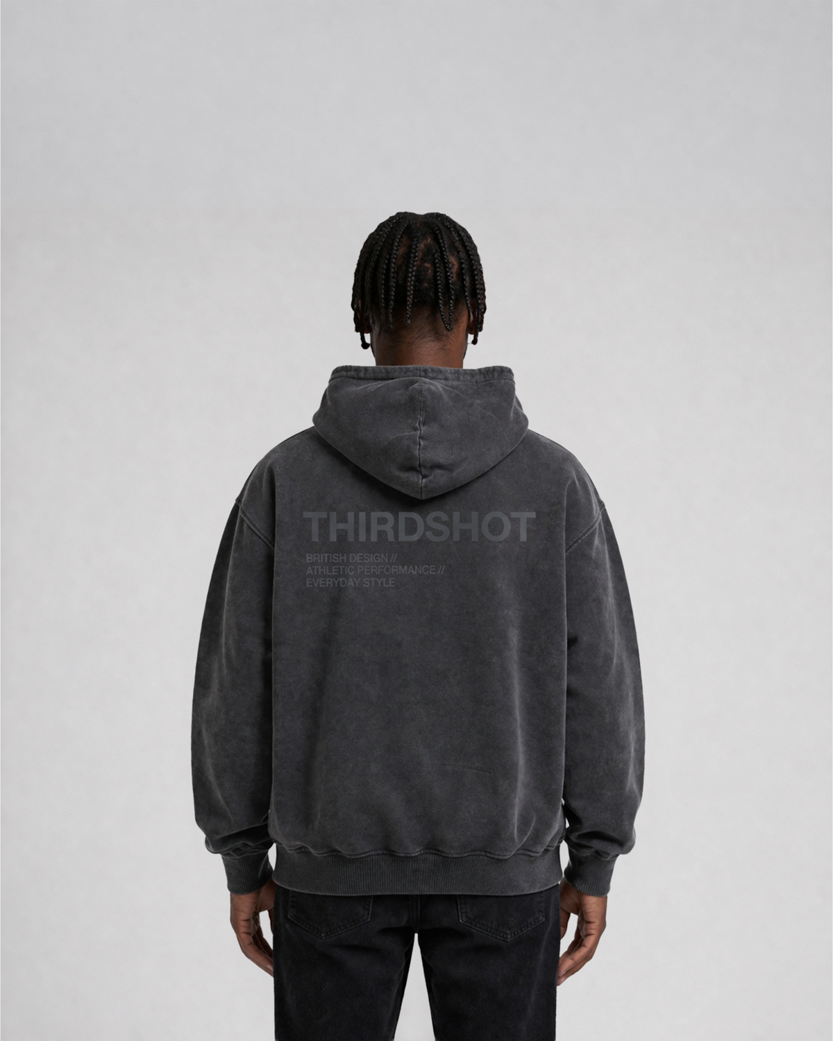 Model wearing the Third Shot heavyweight hoodie, back view