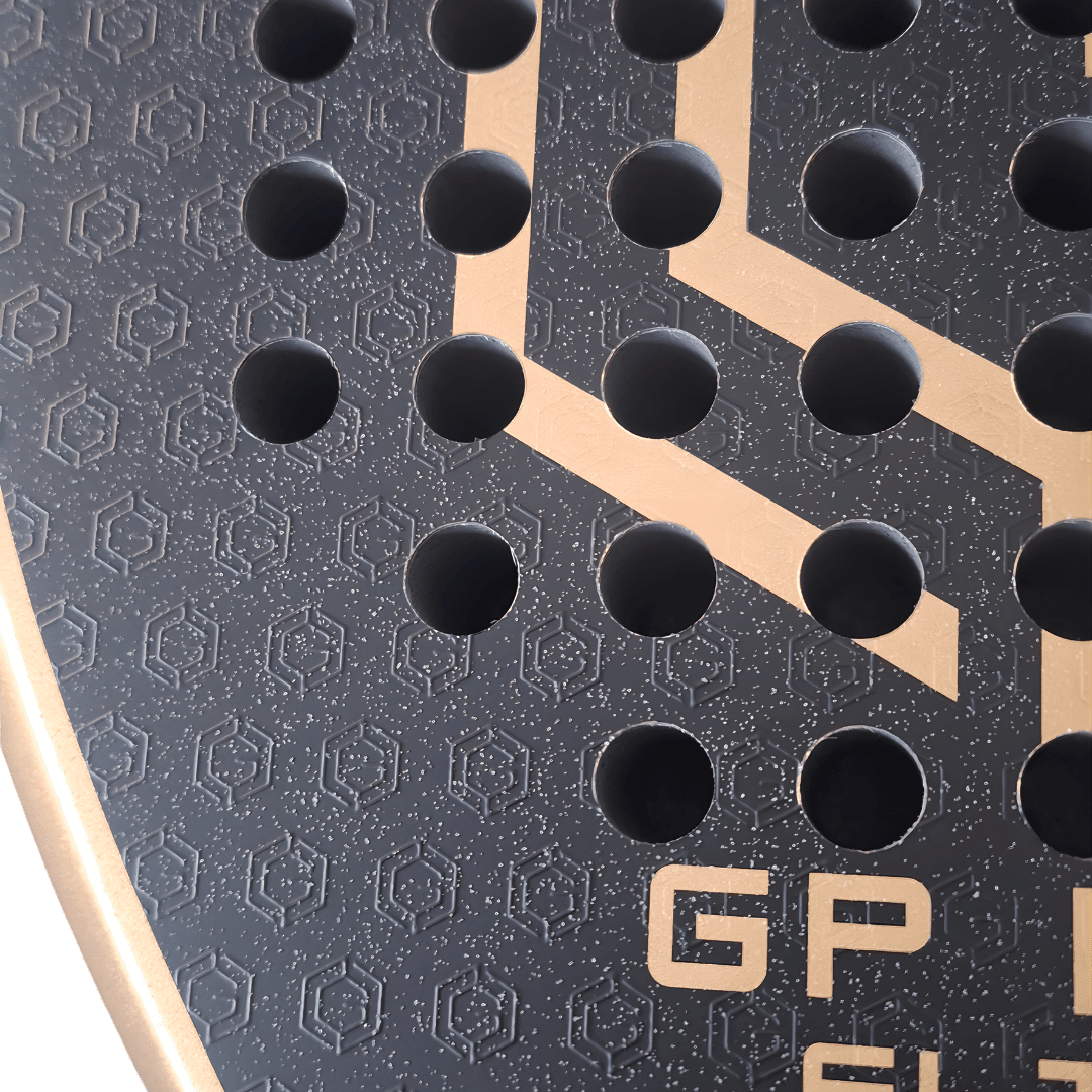 Close-up of the GP Pro Elite racket face and gold frame