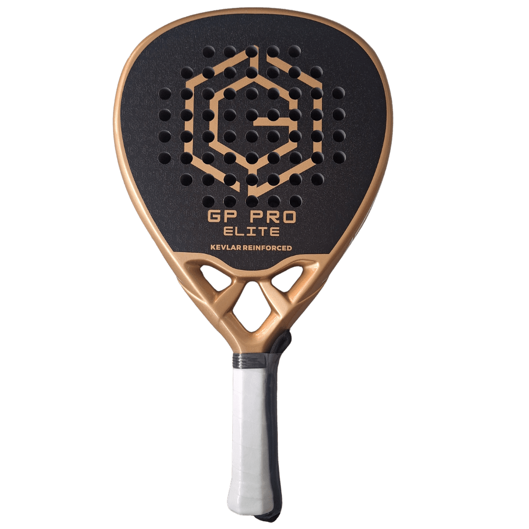 Golden Padel GP Pro Elite racket in black and gold, front view