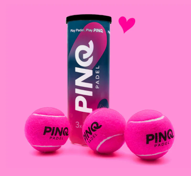 PINQ padel ball tube with pink balls on a pink background