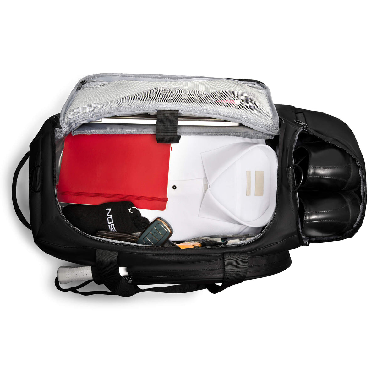Open NOSSA Padel HYBRID bag packed with racket, clothes and shoes