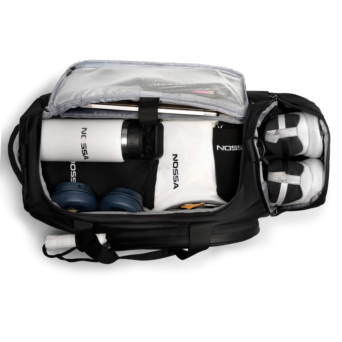 NOSSA Padel HYBRID bag open showing bottle, balls and shoe compartment