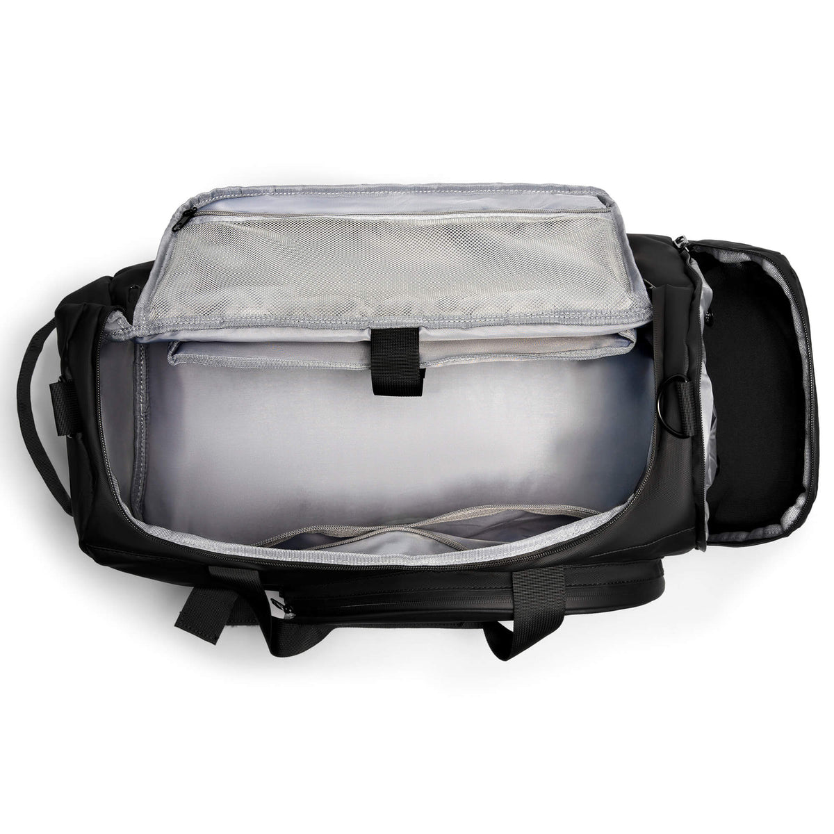 Main compartment of the black NOSSA Padel HYBRID bag, open and empty