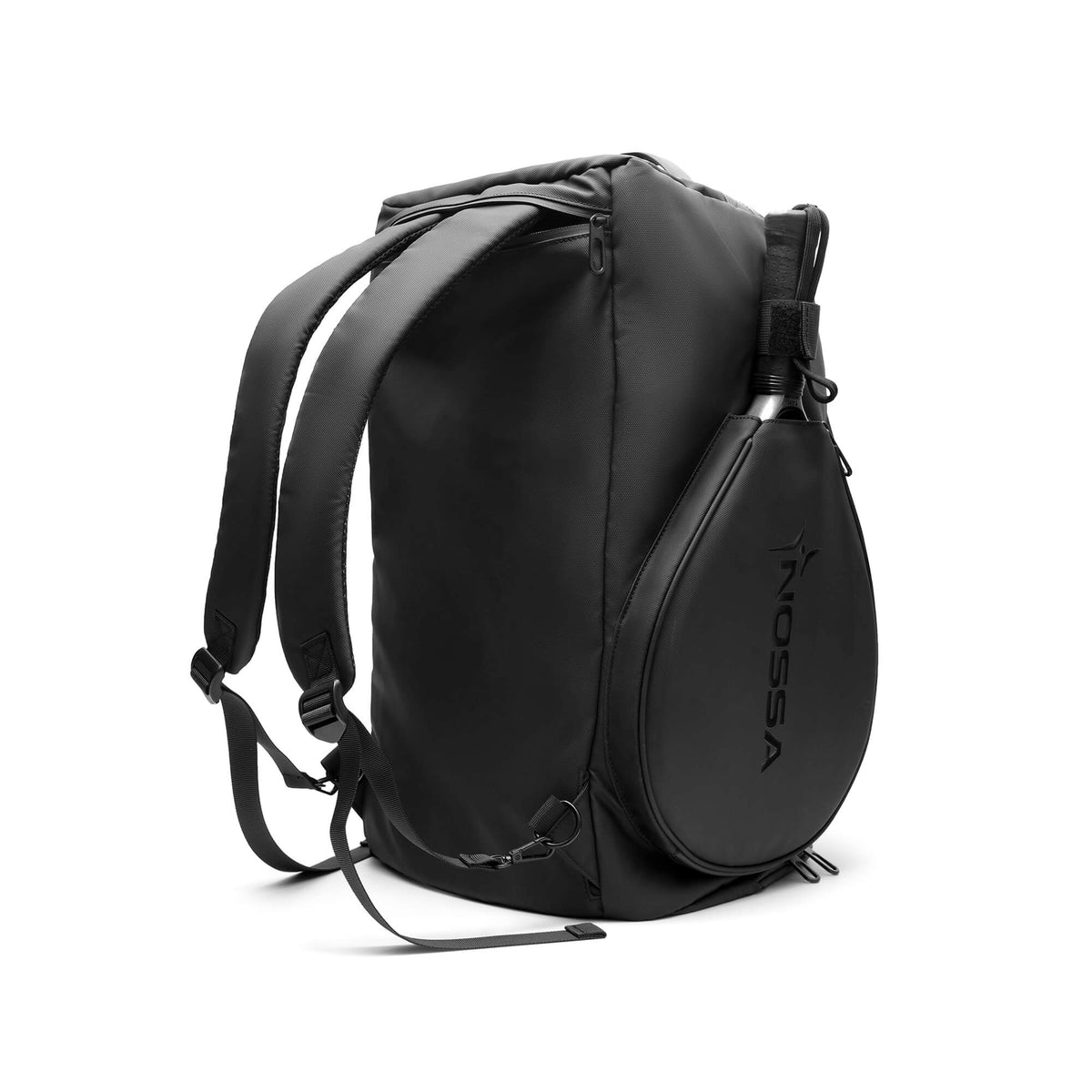 NOSSA Padel HYBRID rucksack in black, worn as a backpack, side view