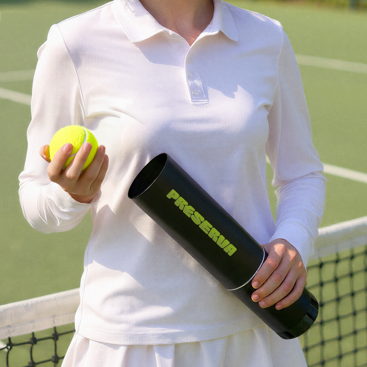 Player holding the Preserva padel ball pressuriser and a ball by the net