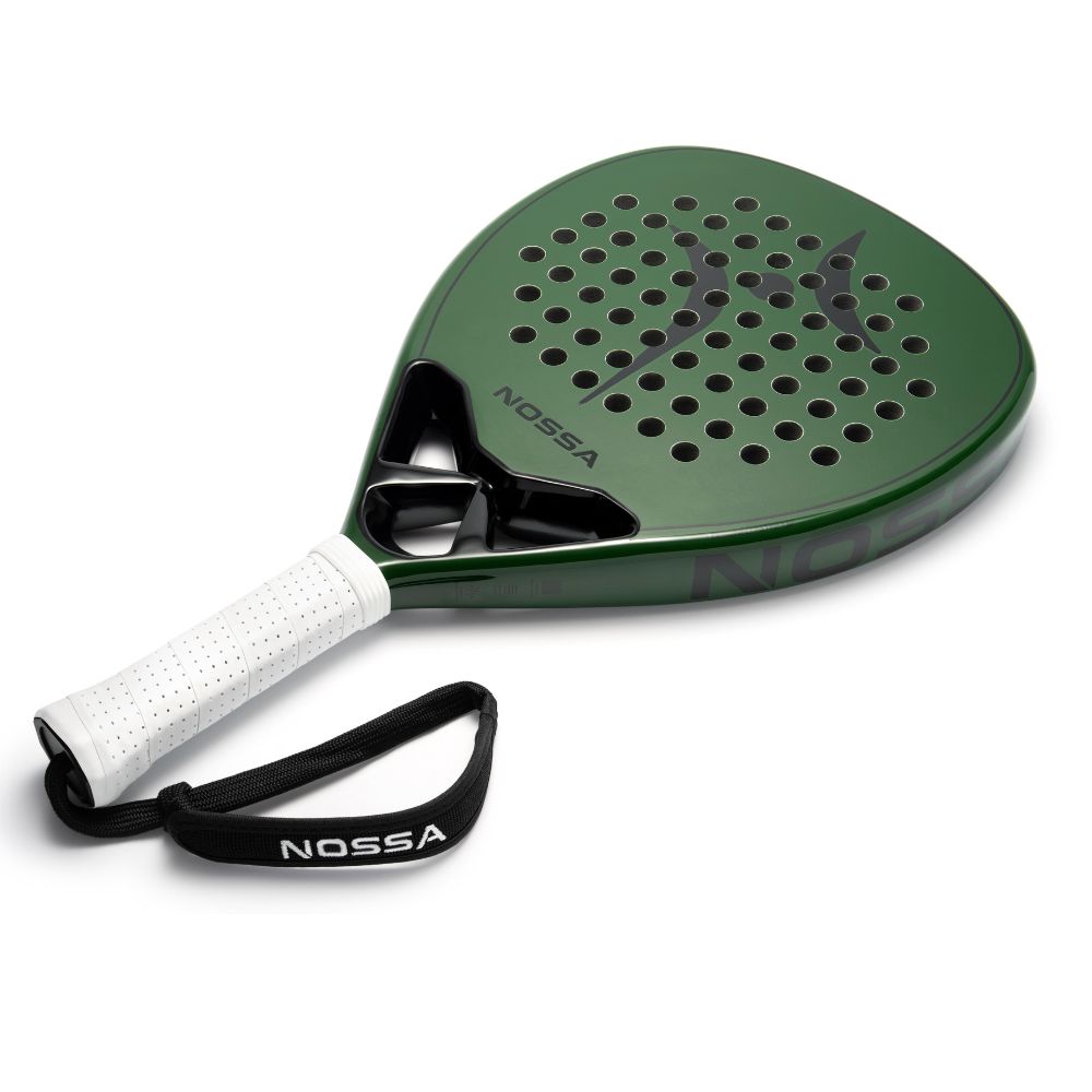 Green NOSSA Padel BASE padel racket at an angle with wrist strap