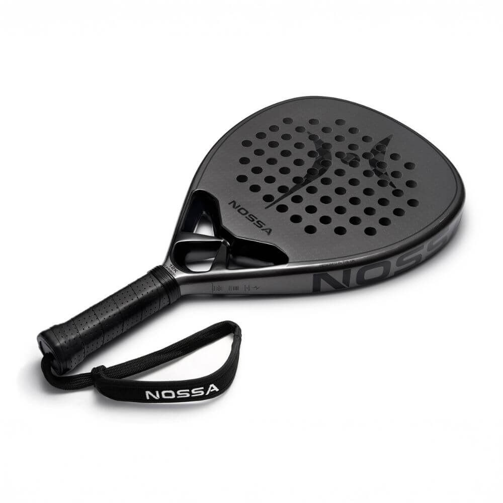 NOSSA Padel CORE teardrop padel racket in matte black with NOSSA wrist strap