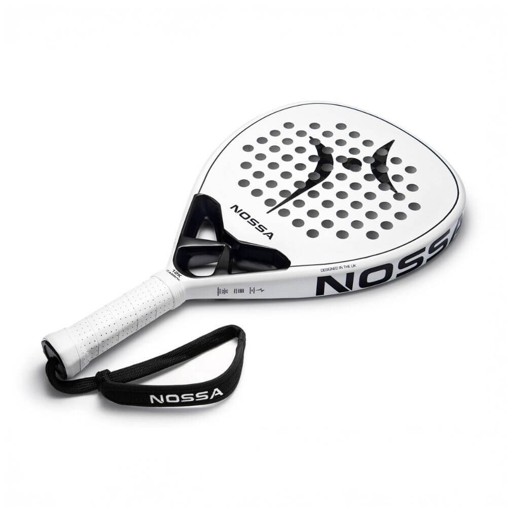 NOSSA Padel CORE teardrop padel racket in white with NOSSA wrist strap