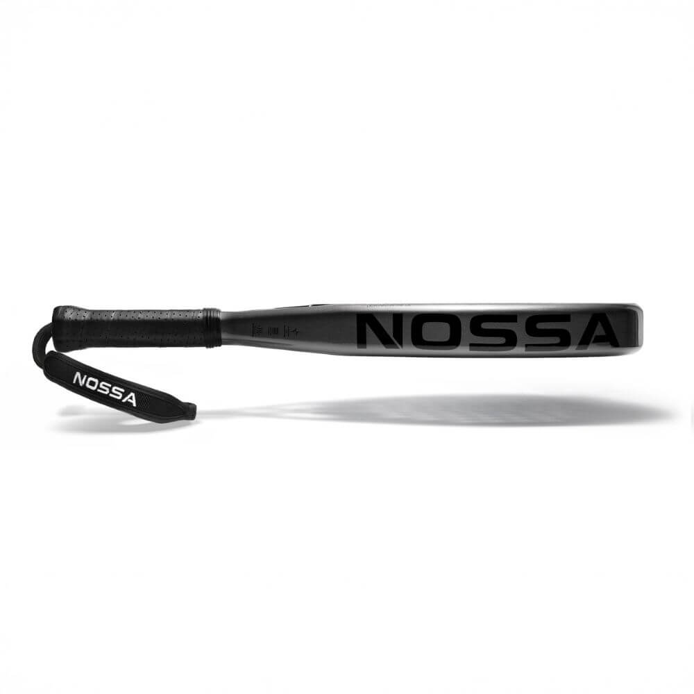 Side profile of the black NOSSA Padel CORE padel racket with NOSSA frame branding
