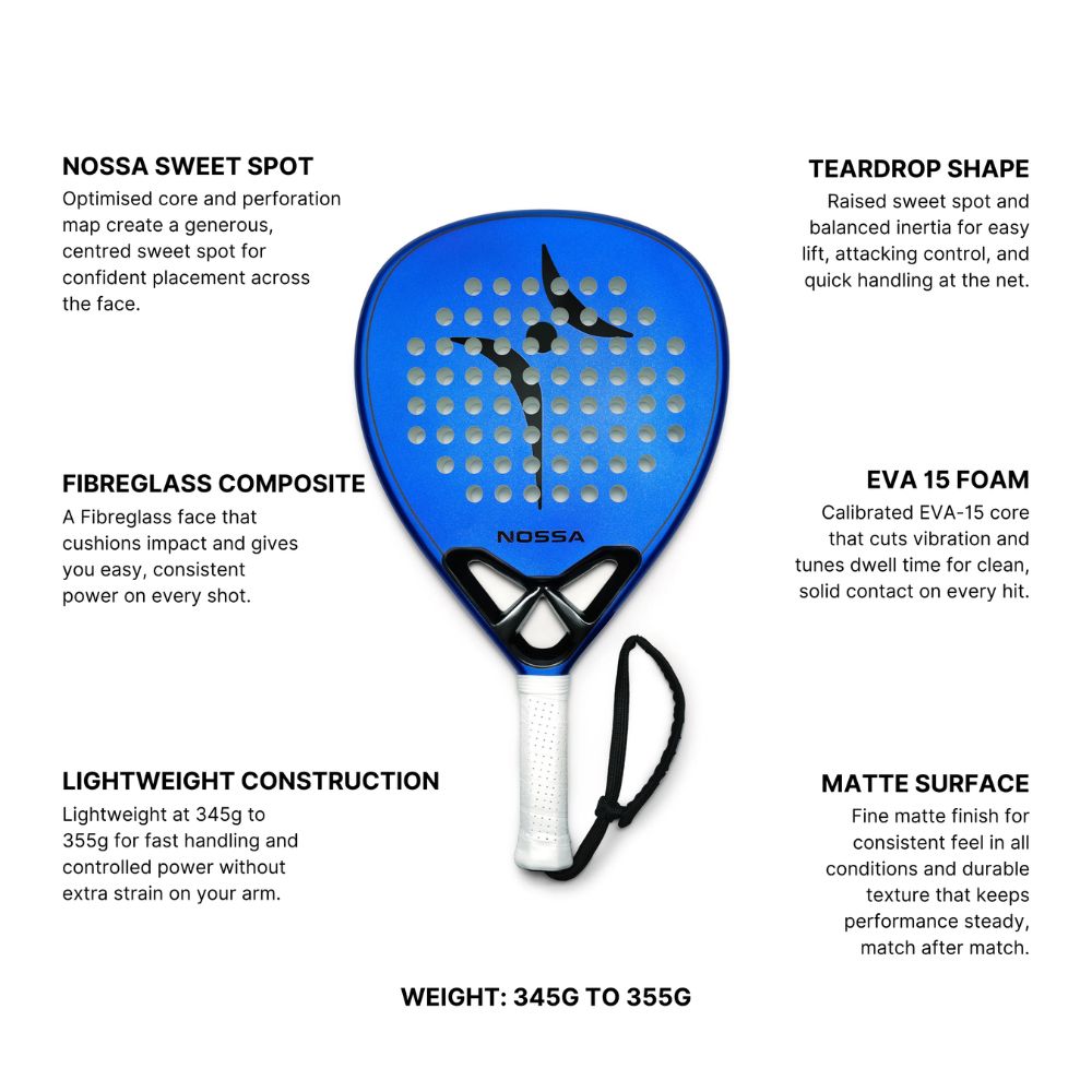 NOSSA Padel BASE blue features: fibreglass composite face, EVA foam core, teardrop shape, lightweight build