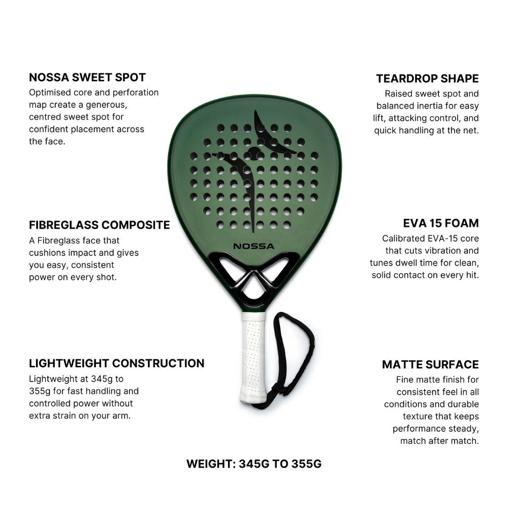 NOSSA Padel BASE green features: fibreglass composite face, EVA foam core, teardrop shape, lightweight build