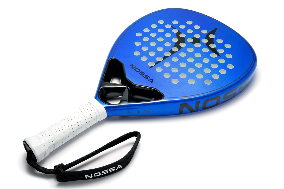 Blue NOSSA Padel BASE padel racket at an angle with wrist strap