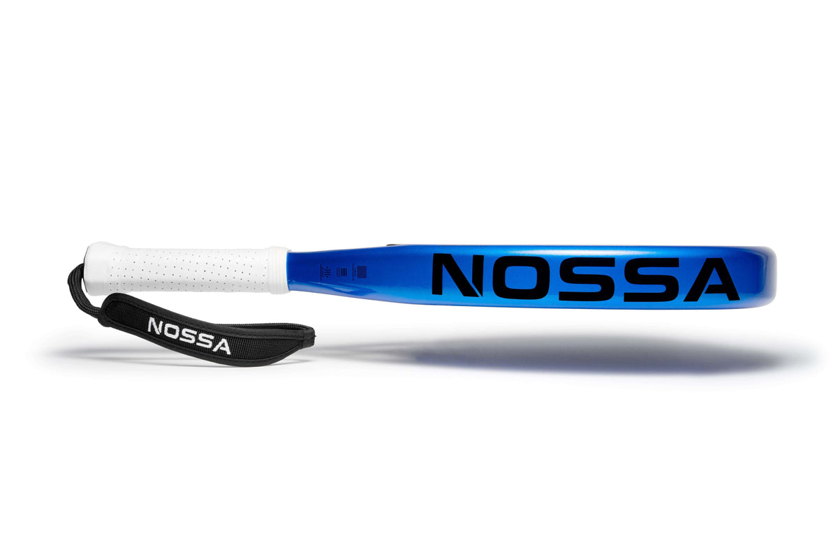 Side view of the blue NOSSA Padel BASE racket frame with NOSSA branding