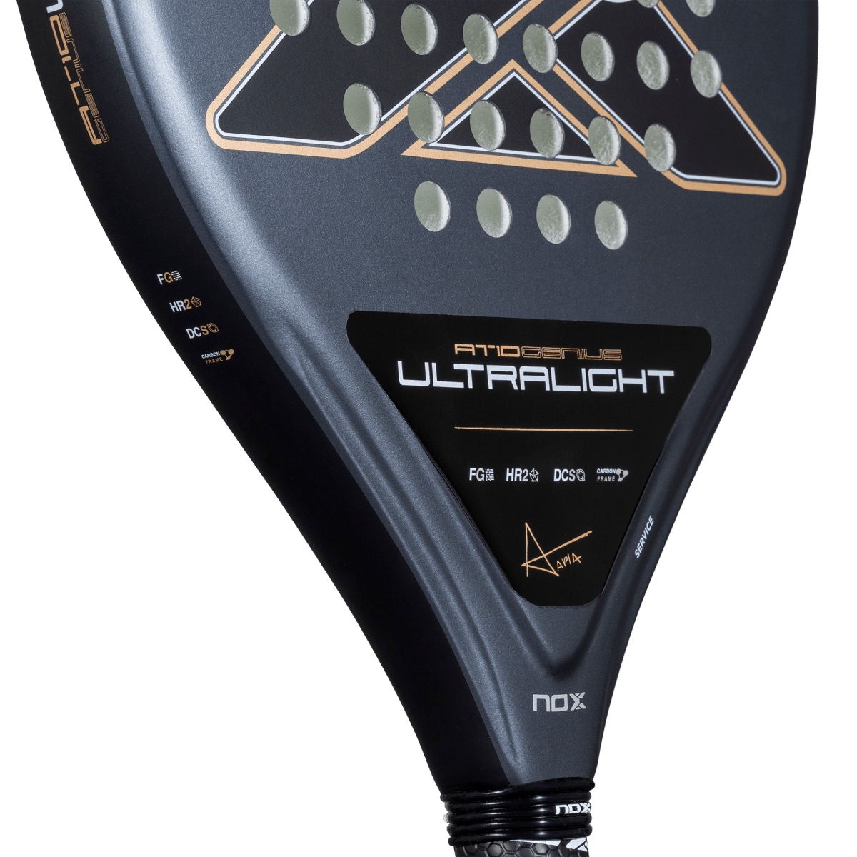 Close-up of the Nox AT10 Genius Ultralight 2026 racket heart showing the AT Genius Ultralight branding