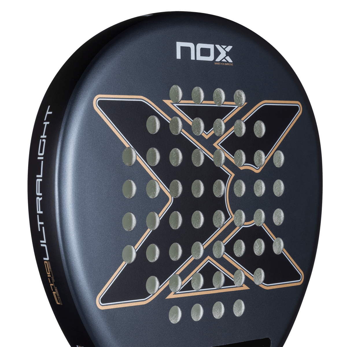 Close-up of the Nox AT10 Genius Ultralight 2026 racket head with the gold X design and drilled matte face