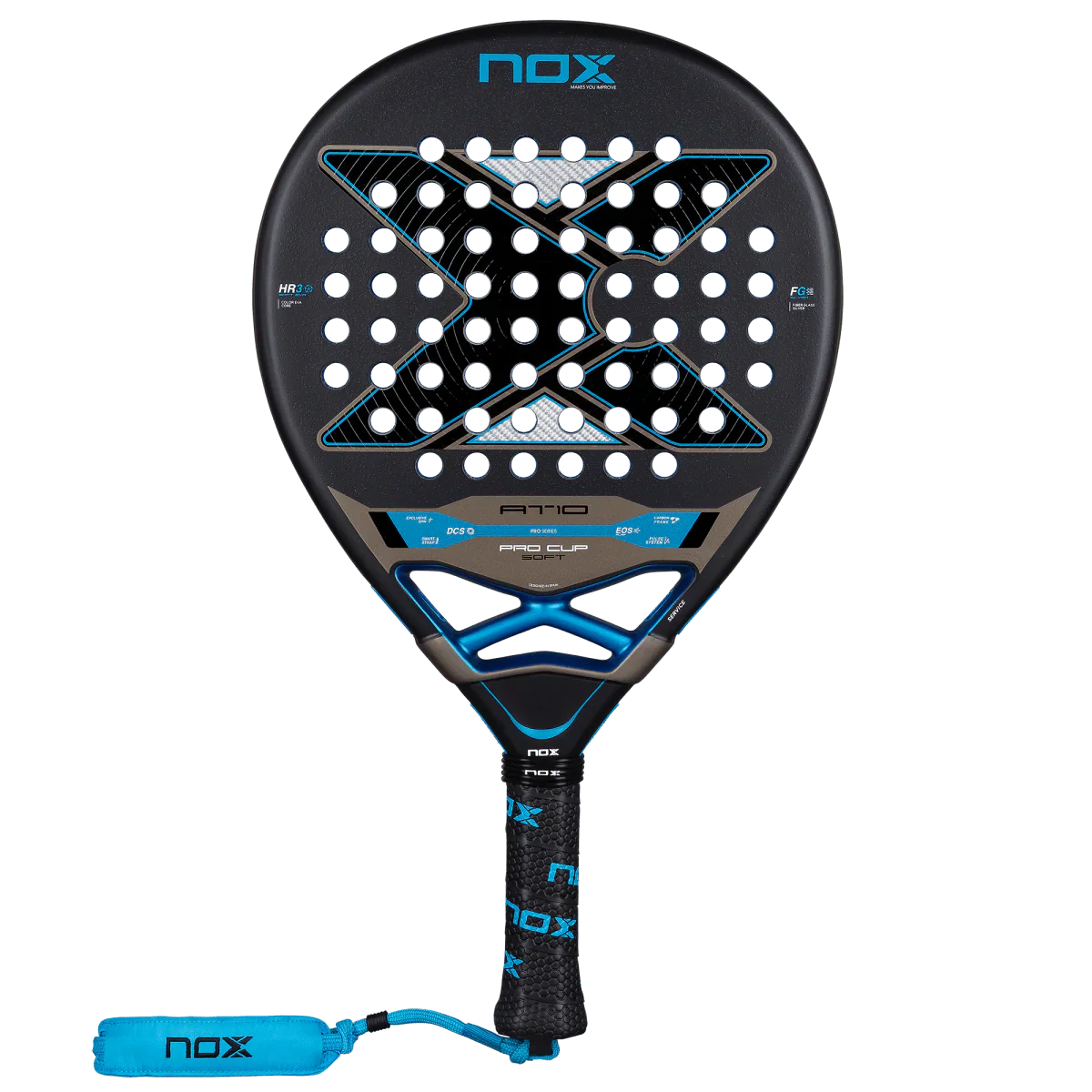NOX AT10 Pro Cup Soft 2026 black and blue racket with wrist strap