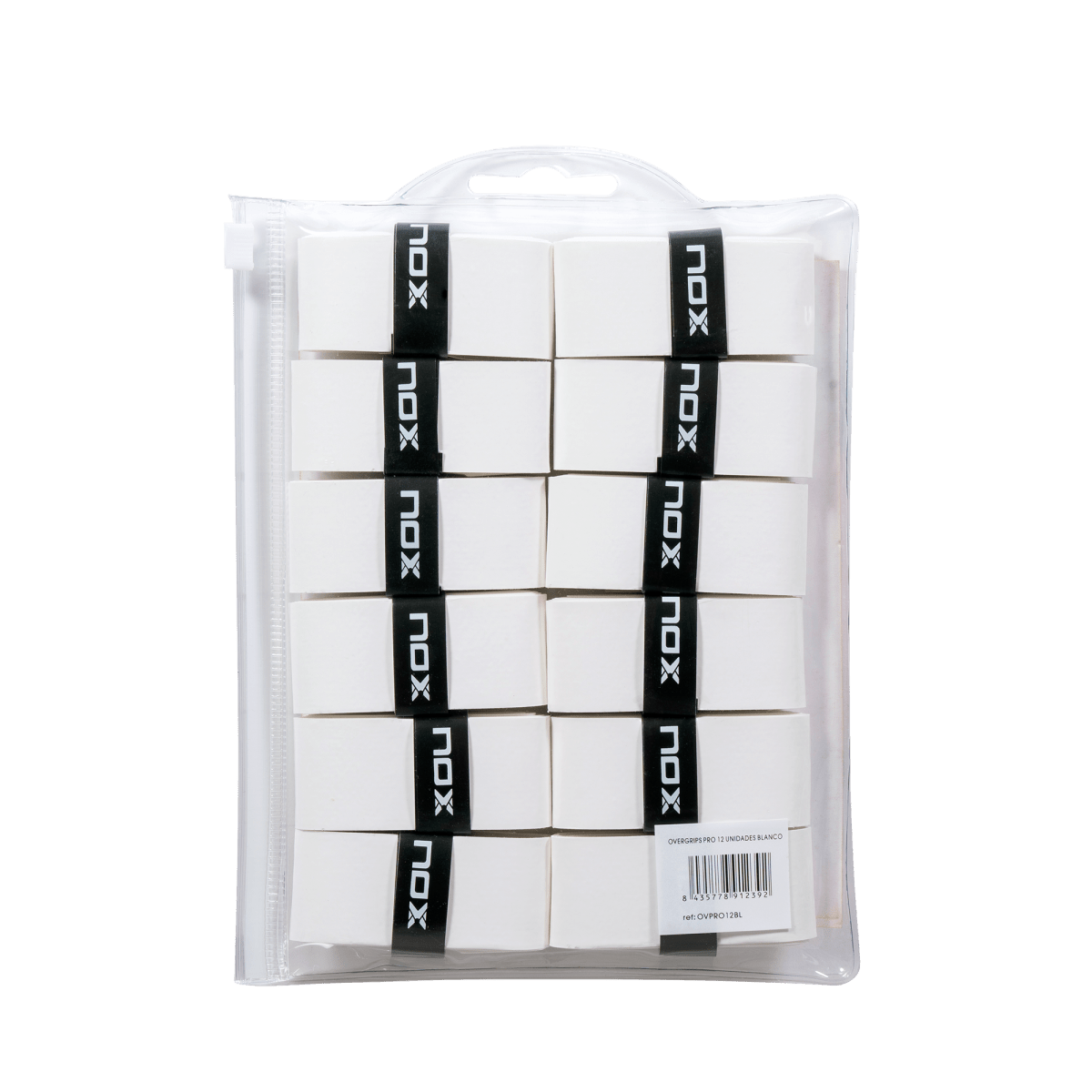 NOX Pro white padel overgrips 12 pack, back of packaging showing the 12 rolled overgrips